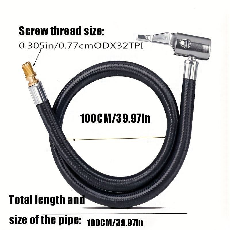 100 cm / 39.97 inches Locking Tire Chuck with Rubber Hose and Fine Thread Standard Tire Valve, Tire Inflation Hose Adapter, Converting Rotating Connection to Locking Connection