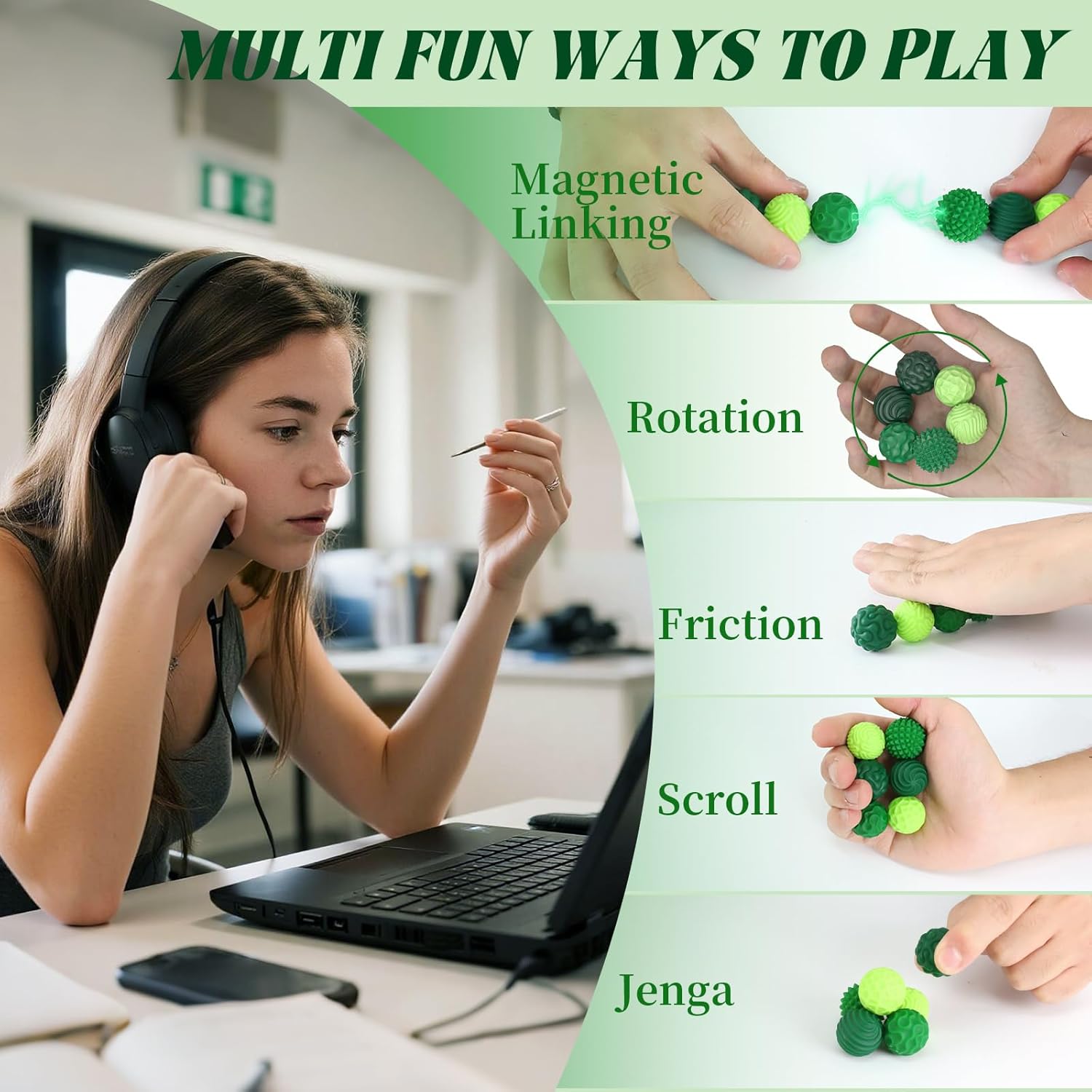 Silicone Magnetic Balls, Fidget Toys for Adults & Teens, 6PCS Stress Balls Sensory Toy, Quiet Magnet Desk Fidgets with Textured, ADHD Anxiety Relief Items, Fun Stocking Suffers Gifts (Green)