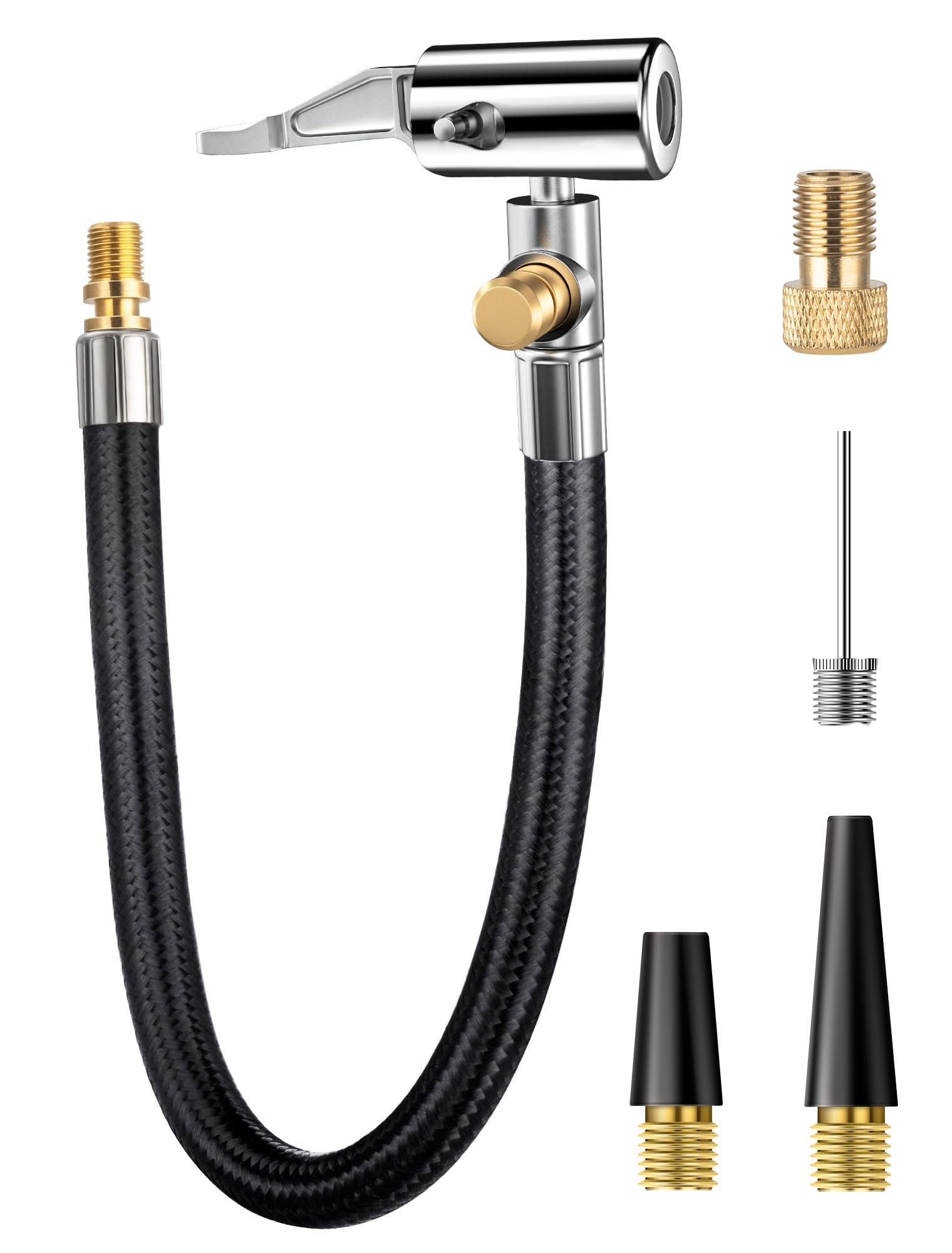 Locking Tire Chuck with Rubber Hose and Standard Tire Valve Fine Thread, Tire Inflator Pump Hose Adapter for Twist On Convert to Lock On Connection
