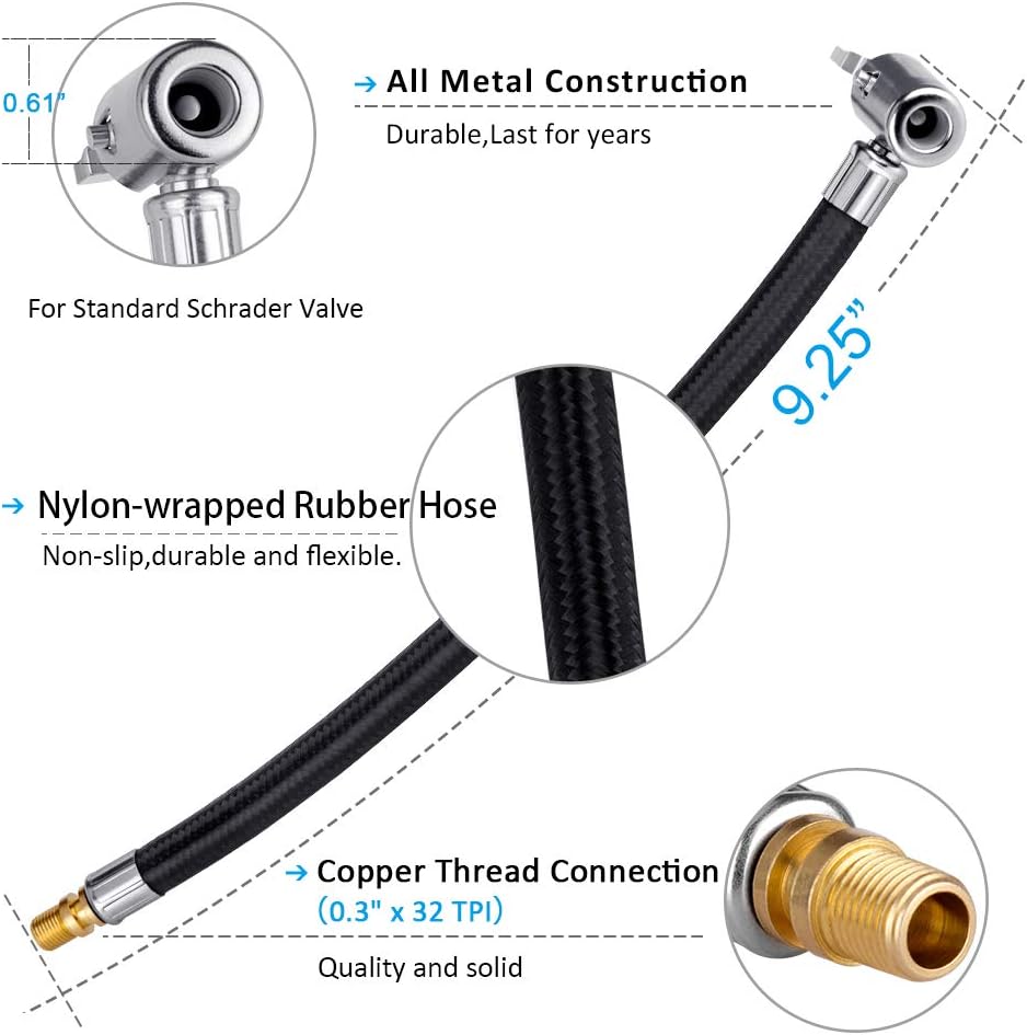 Locking Tire Chuck with Rubber Hose and Standard Tire Valve Fine Thread, Tire Inflator Pump Hose Adapter for Twist On Convert to Lock On Connection
