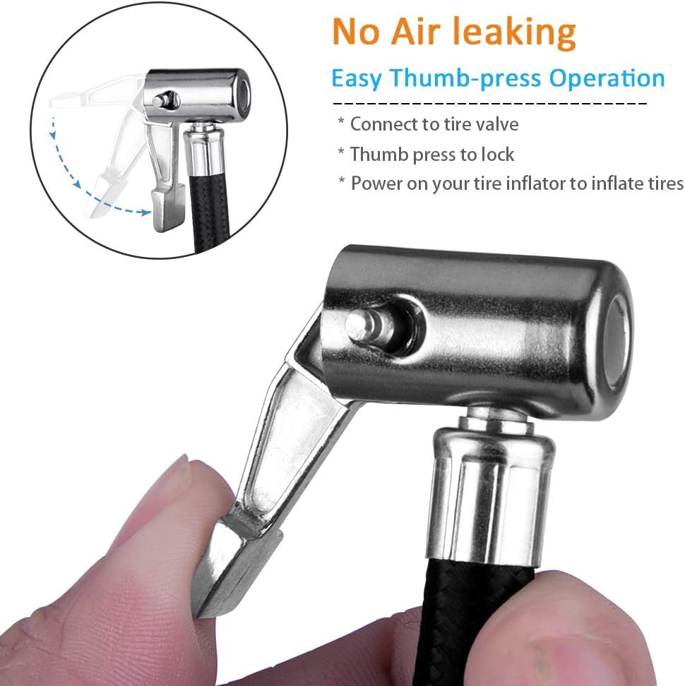 Locking Tire Chuck with Rubber Hose and Standard Tire Valve Fine Thread, Tire Inflator Pump Hose Adapter for Twist On Convert to Lock On Connection