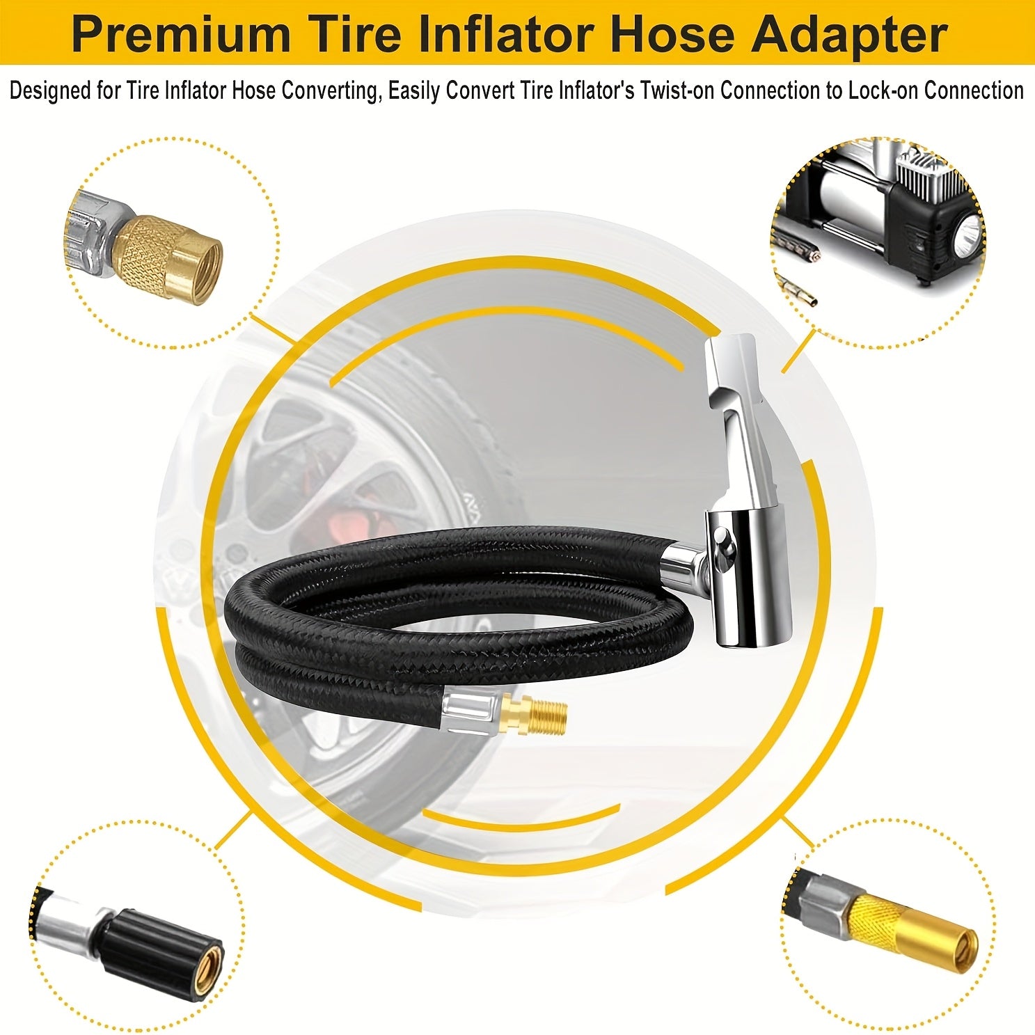 100 cm / 39.97 inches Locking Tire Chuck with Rubber Hose and Fine Thread Standard Tire Valve, Tire Inflation Hose Adapter, Converting Rotating Connection to Locking Connection