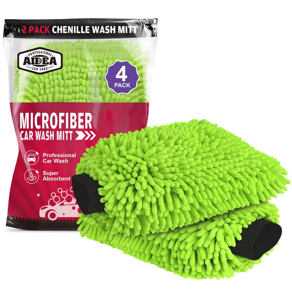 Car Wash Mitt Microfiber, 2PK Scratch Free Lint-Free, Premium Chenille Microfiber Mitt Car Wash Brush, Green, Regular Size 7.12''X10.14''