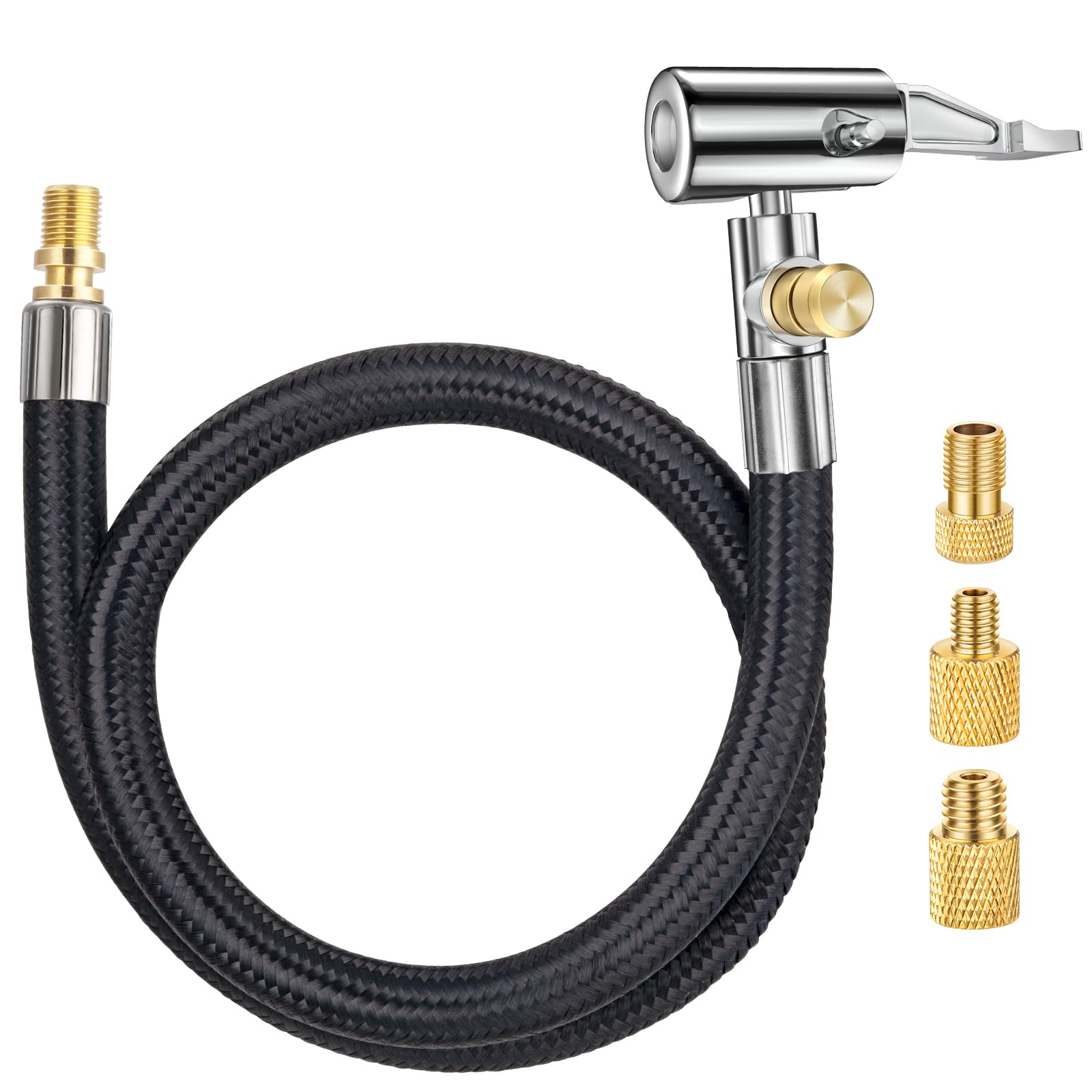 Locking Tire Chuck with Rubber Hose and Standard Tire Valve Fine Thread, Tire Inflator Pump Hose Adapter for Twist On Convert to Lock On Connection