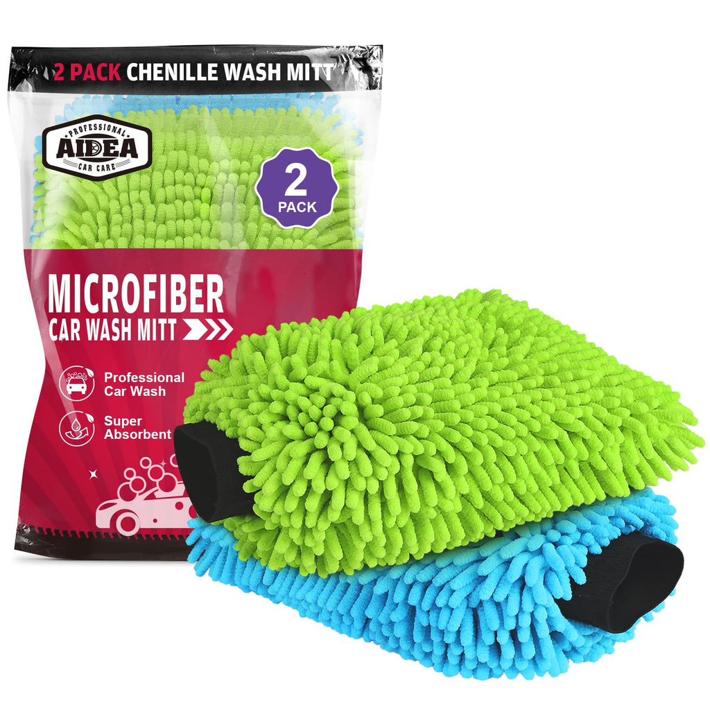 Car Wash Mitt Microfiber, 2PK Scratch Free Lint-Free, Premium Chenille Microfiber Mitt Car Wash Brush, Green, Regular Size 7.12''X10.14''
