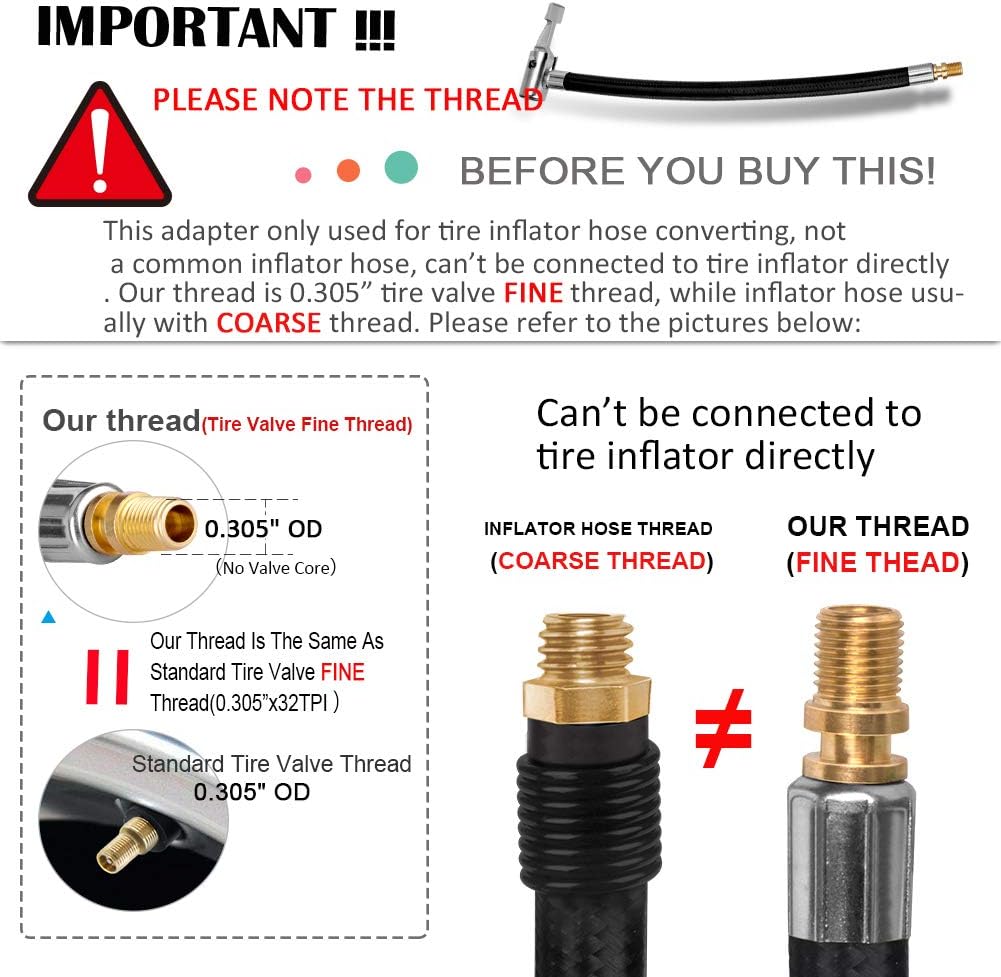 Locking Tire Chuck with Rubber Hose and Standard Tire Valve Fine Thread, Tire Inflator Pump Hose Adapter for Twist On Convert to Lock On Connection