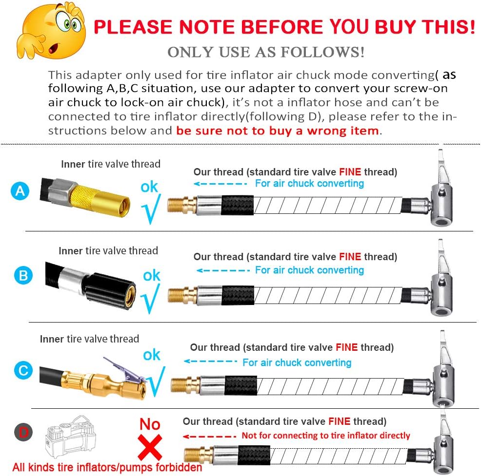 Locking Tire Chuck with Rubber Hose and Standard Tire Valve Fine Thread, Tire Inflator Pump Hose Adapter for Twist On Convert to Lock On Connection