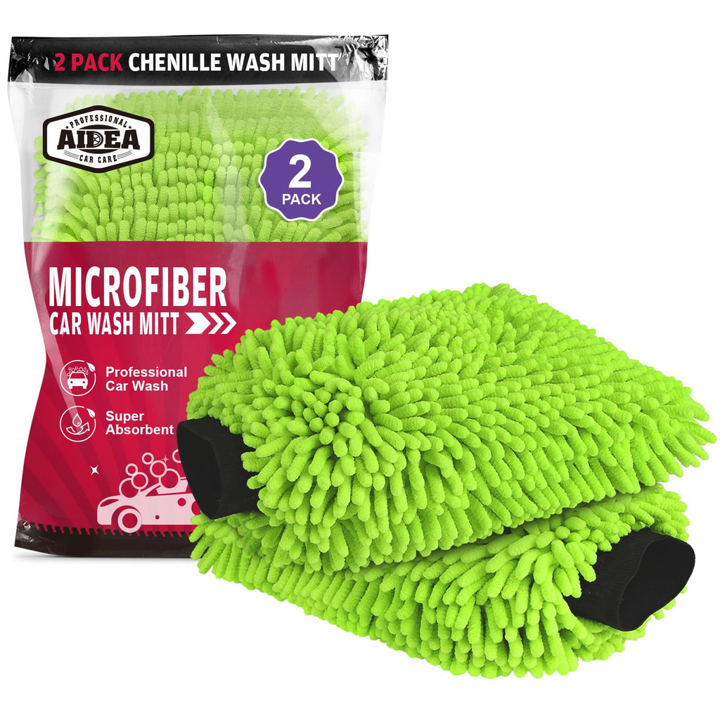Car Wash Mitt Microfiber, 2PK Scratch Free Lint-Free, Premium Chenille Microfiber Mitt Car Wash Brush, Green, Regular Size 7.12''X10.14''