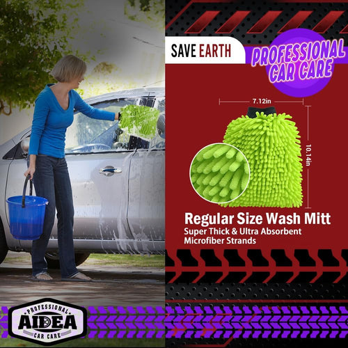 Car Wash Mitt Microfiber, 2PK Scratch Free Lint-Free, Premium Chenille Microfiber Mitt Car Wash Brush, Green, Regular Size 7.12''X10.14''