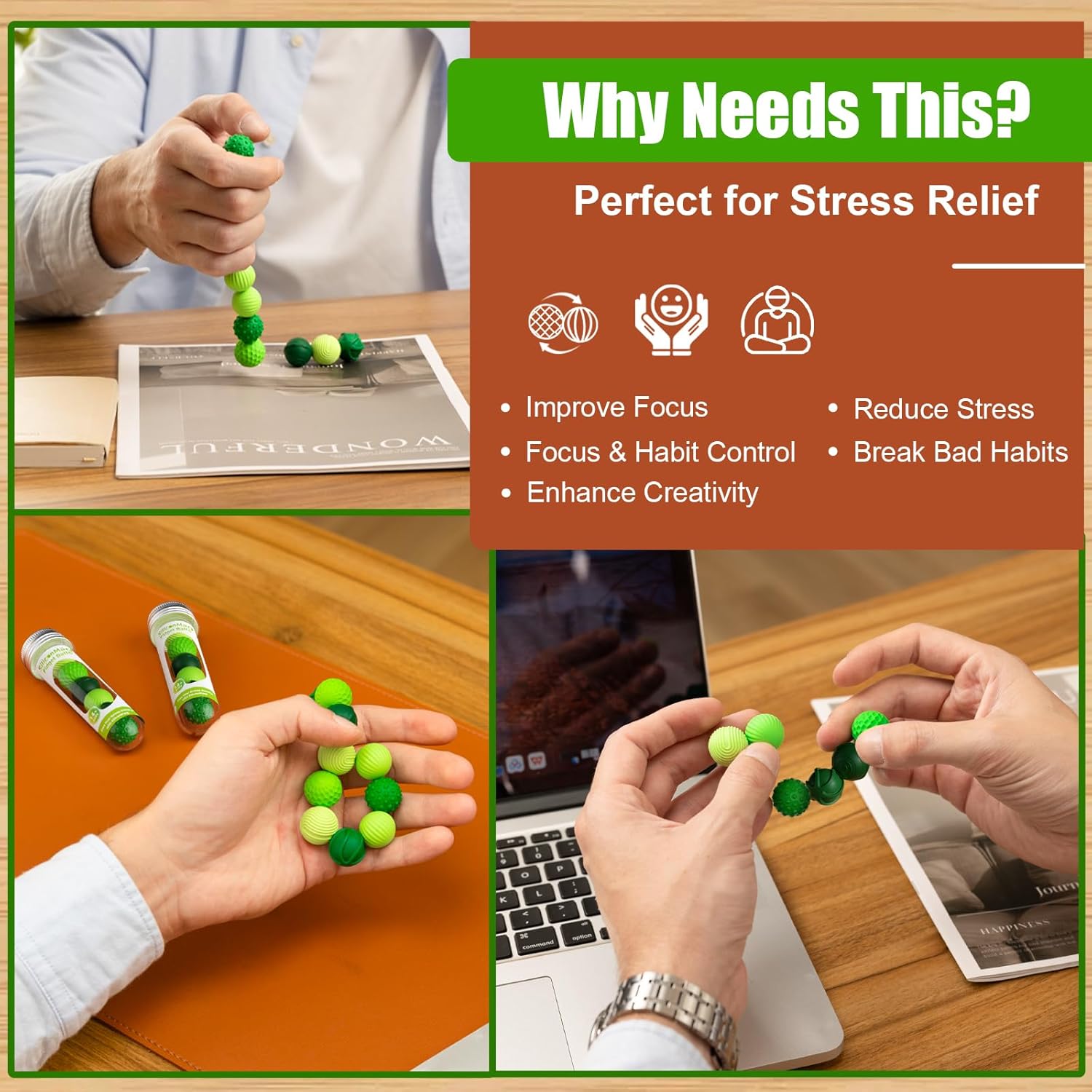 Silicone Magnetic Balls, Fidget Toys, 6-Pack Stress Relief Toys for Adults, Teens, Sensory Toy for Fingers Hands, Quiet Office Desk Toys with Textures, Magnet Fidget Fun Gift (Green)