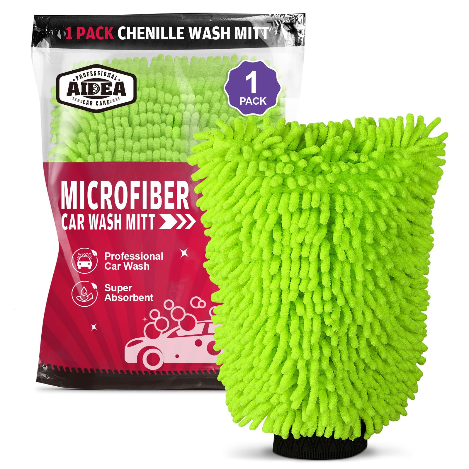 Car Wash Mitt Microfiber, 2PK Scratch Free Lint-Free, Premium Chenille Microfiber Mitt Car Wash Brush, Green, Regular Size 7.12''X10.14''