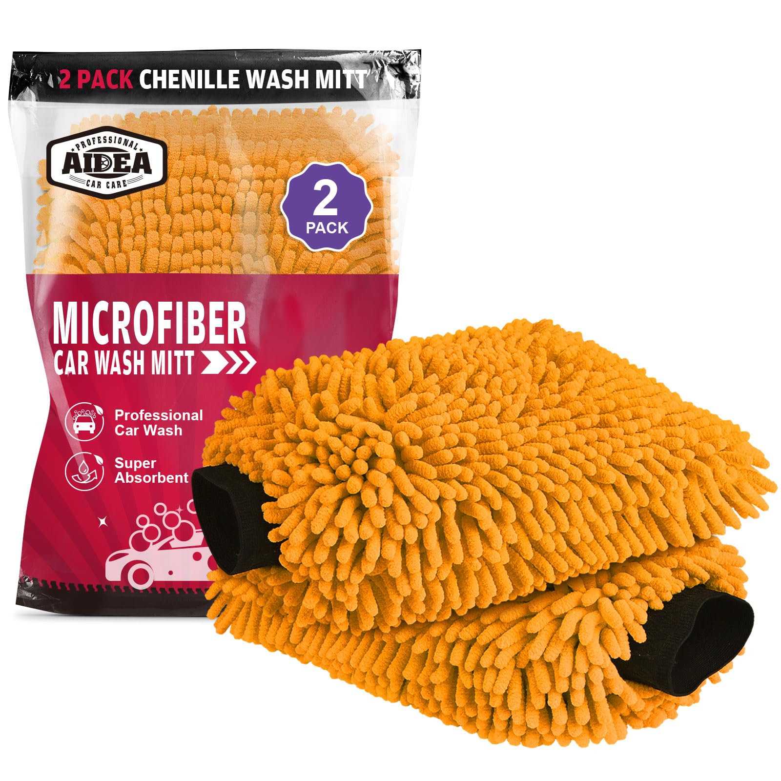 Car Wash Mitt Microfiber, 2PK Scratch Free Lint-Free, Premium Chenille Microfiber Mitt Car Wash Brush, Green, Regular Size 7.12''X10.14''