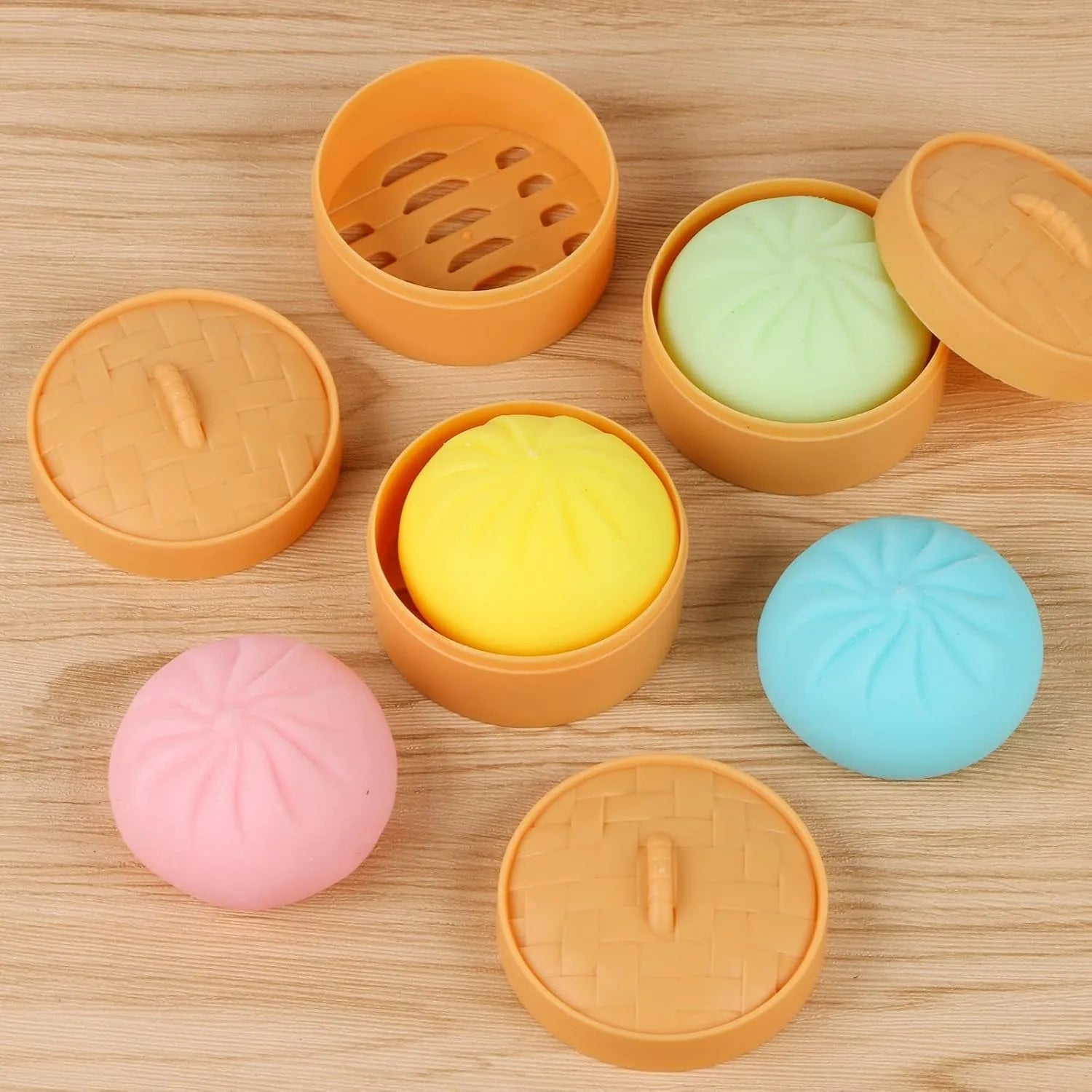 Colorful Dumpling Squishes Stress Balls Fidget Sensory Toys Simulation Food Squishies Bun with Steamer Squeeze Dough Ball Gifts